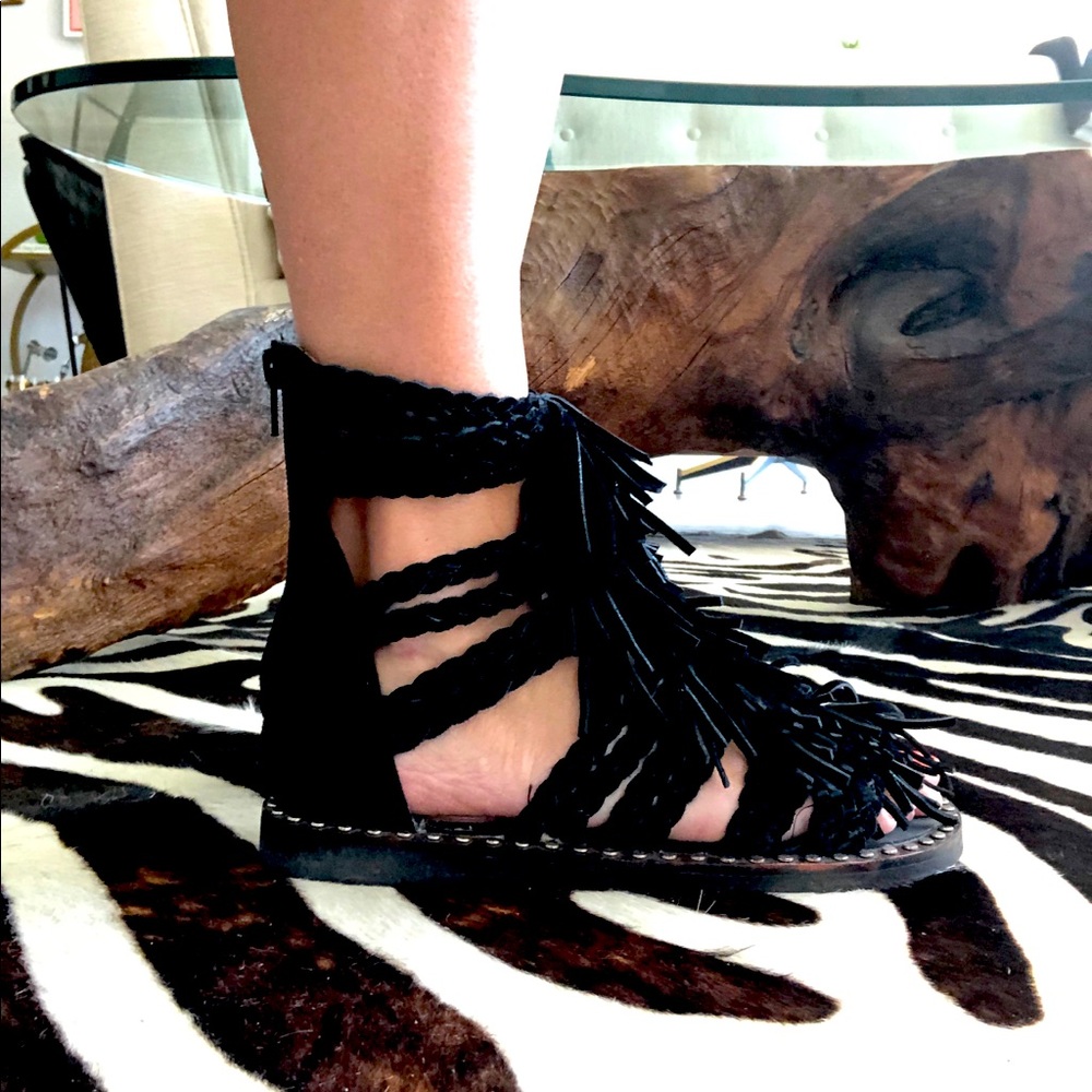 Jeffrey Campbell Black Fringe Gladiator Sandals 6